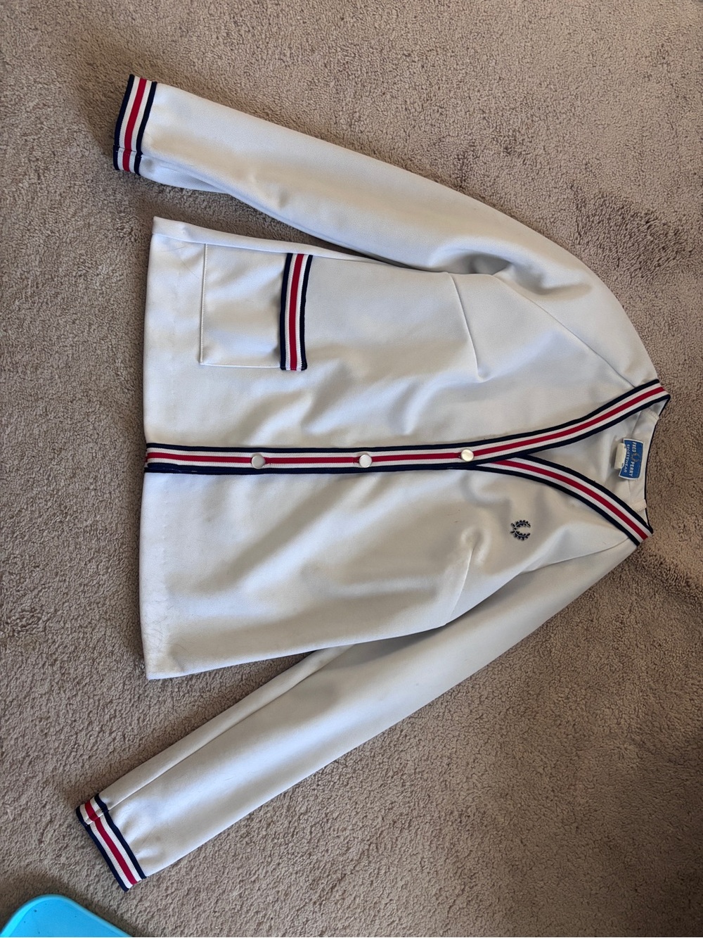 RARE Fred Perry White Cardigan with Red & Navy Stripe Trim